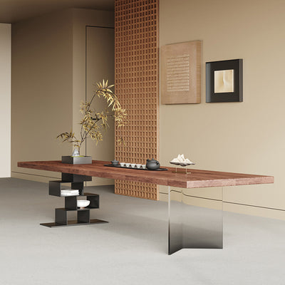 Contemporary Retro Rectangular Solid Wood Acrylic Iron Jackpot Leg Coffee Table & Chair Set For Living Room