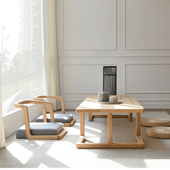 Traditional Japanese Ash Wood Rectangular Low Coffee Table &amp; Chair Set For Living Room