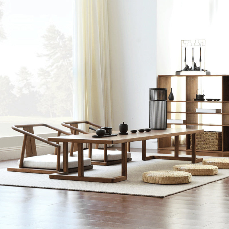 Traditional Japanese Ash Wood Rectangular Low Coffee Table & Chair Set For Living Room
