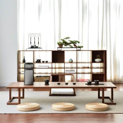 Traditional Japanese Ash Wood Rectangular Low Coffee Table & Chair Set For Living Room