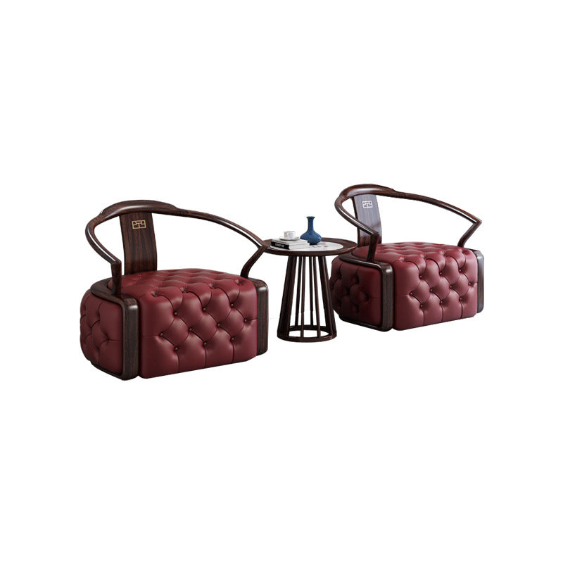 Traditional Chinese Ebonized Wood Leather Round Accent Chair & Table Set For Living Room