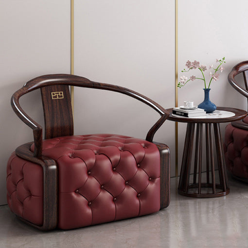 Traditional Chinese Ebonized Wood Leather Round Accent Chair & Table Set For Living Room