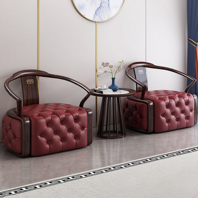 Traditional Chinese Ebonized Wood Leather Round Accent Chair & Table Set For Living Room