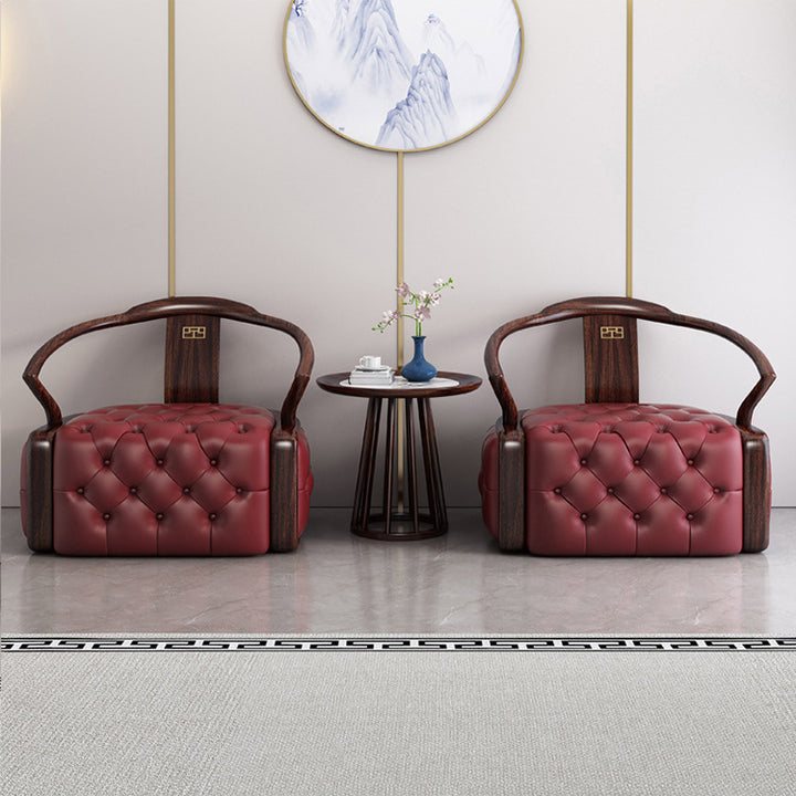 Ensemble fauteuil d’appoint rond et table en bois traditionnel chinois noircis et cuir microfibre pour salon 