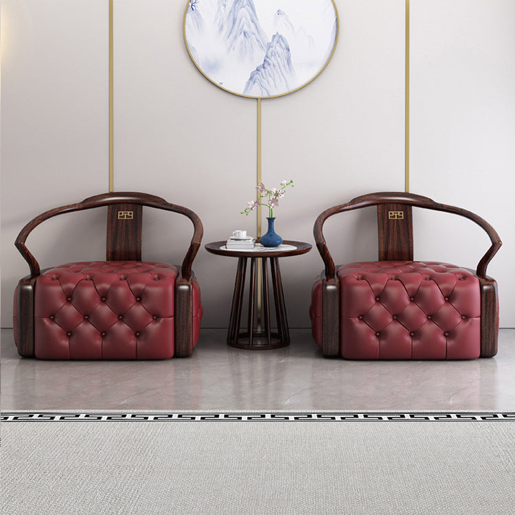 Traditional Chinese Ebonized Wood Leather Round Accent Chair & Table Set For Living Room