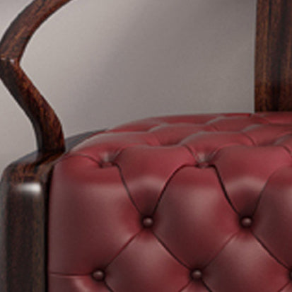 Traditional Chinese Ebonized Wood Leather Round Accent Chair & Table Set For Living Room
