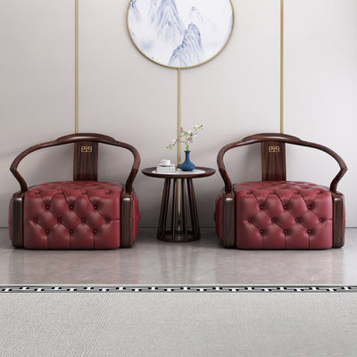 Traditional Chinese Ebonized Wood Leather Round Accent Chair & Table Set For Living Room