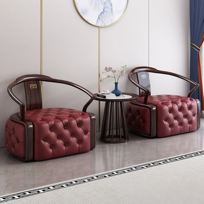 Traditional Chinese Ebonized Wood Leather Round Accent Chair & Table Set For Living Room