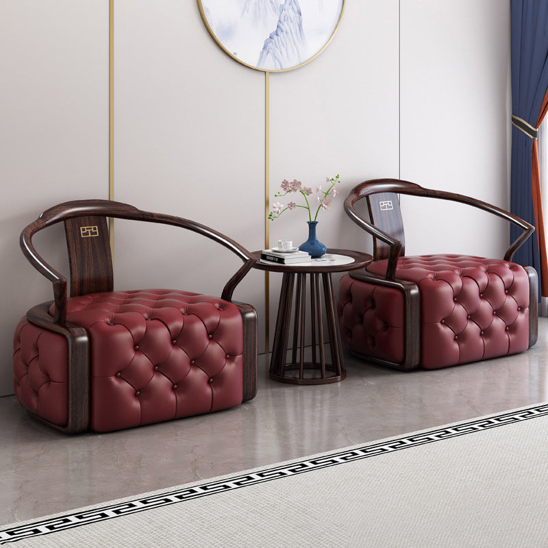 Traditional Chinese Ebonized Wood Leather Round Accent Chair & Table Set For Living Room