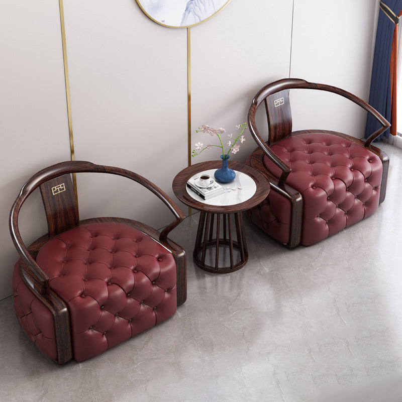Traditional Chinese Ebonized Wood Leather Round Accent Chair & Table Set For Living Room