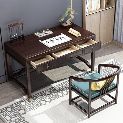 Traditional Chinese Solid Rubber Wood Brass Rectangular Vertical Beam Desk & Chair Set 3-Drawer For Home Office