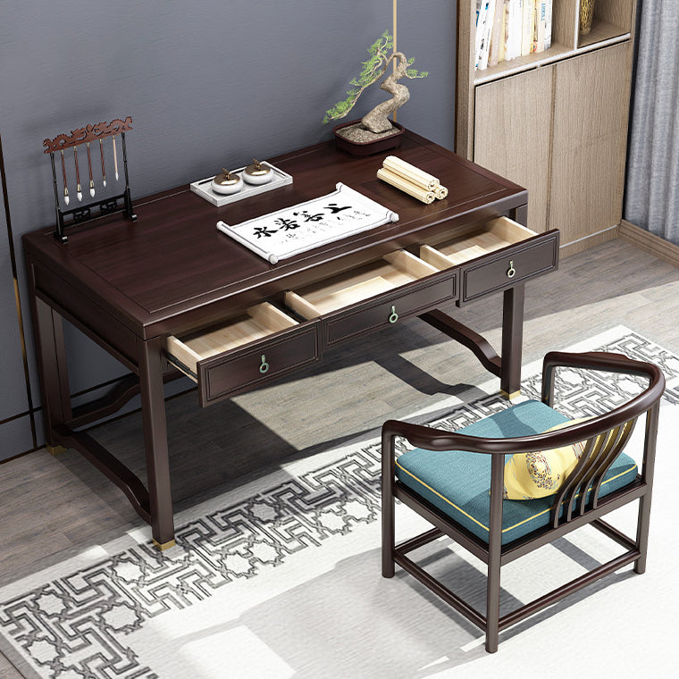 Traditional Chinese Solid Rubber Wood Brass Rectangular Vertical Beam Desk & Chair Set 3-Drawer For Home Office