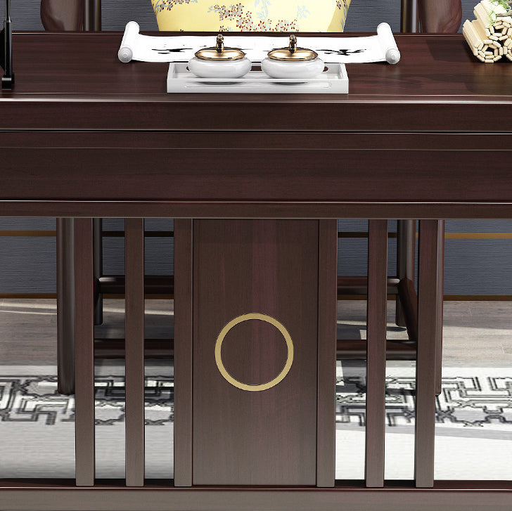 Traditional Chinese Solid Rubber Wood Brass Rectangular Vertical Beam Desk & Chair Set 3-Drawer For Home Office