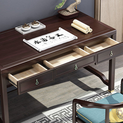 Traditional Chinese Solid Rubber Wood Brass Rectangular Vertical Beam Desk & Chair Set 3-Drawer For Home Office