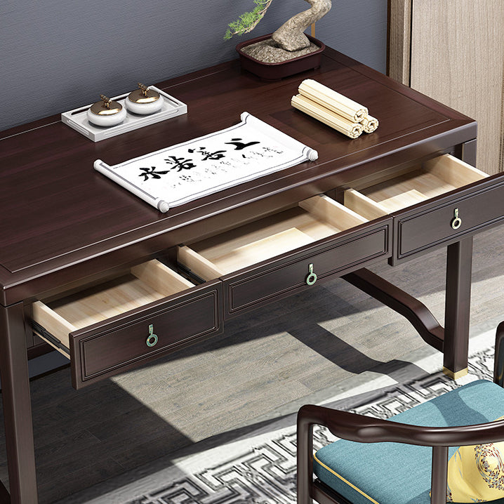 Traditional Chinese Solid Rubber Wood Brass Rectangular Vertical Beam Desk & Chair Set 3-Drawer For Home Office