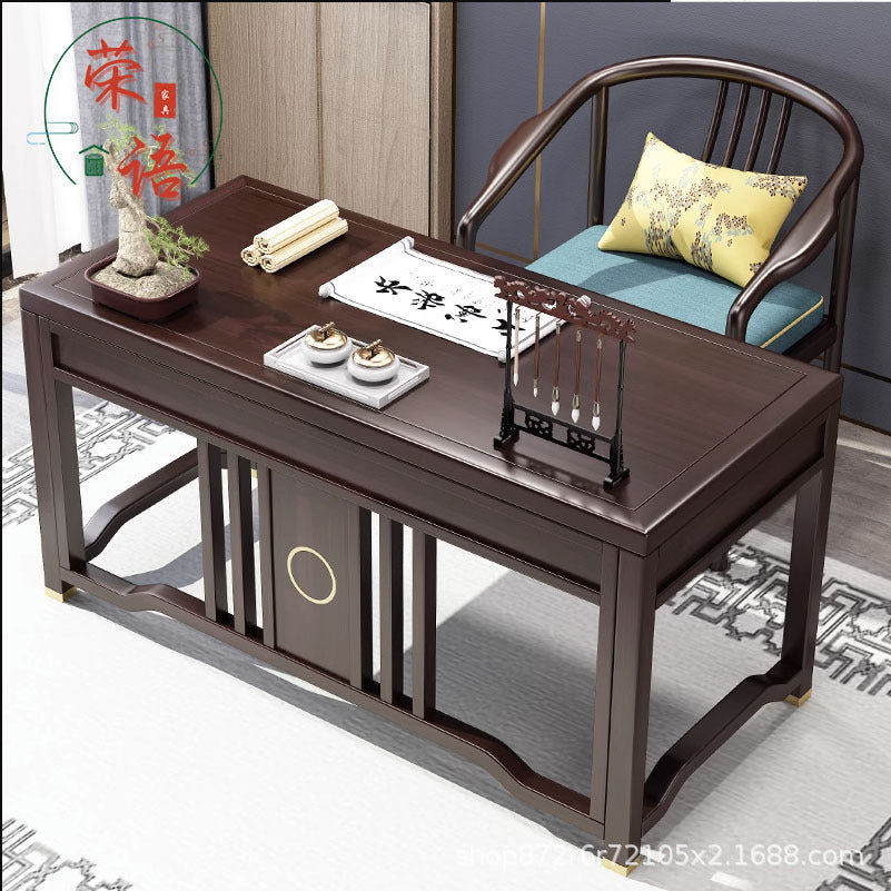 Ensemble de bureau et chaise en bois de caoutchouc massif chinois traditionnel avec poutre verticale rectangulaire en laiton à 3 tiroirs pour bureau à domicile 