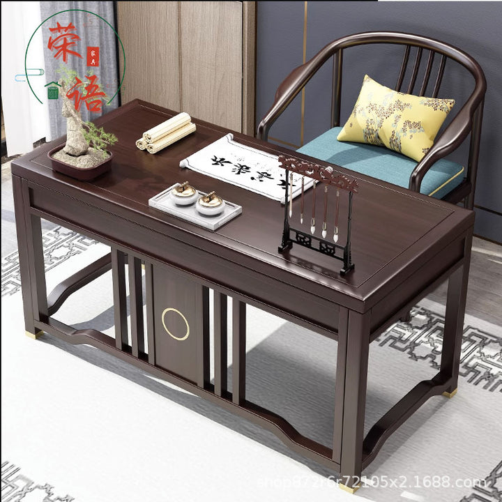 Ensemble de bureau et chaise en bois de caoutchouc massif chinois traditionnel avec poutre verticale rectangulaire en laiton à 3 tiroirs pour bureau à domicile 