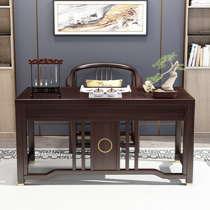 Ensemble de bureau et chaise en bois de caoutchouc massif chinois traditionnel avec poutre verticale rectangulaire en laiton à 3 tiroirs pour bureau à domicile 