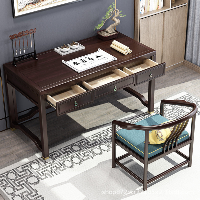 Traditional Chinese Solid Rubber Wood Brass Rectangular Vertical Beam Desk & Chair Set 3-Drawer For Home Office