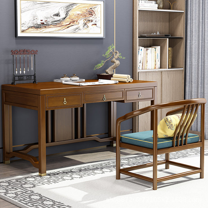 Ensemble de bureau et chaise en bois de caoutchouc massif chinois traditionnel avec poutre verticale rectangulaire en laiton à 3 tiroirs pour bureau à domicile 
