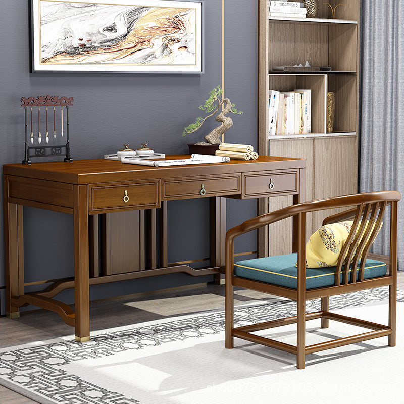 Traditional Chinese Solid Rubber Wood Brass Rectangular Vertical Beam Desk & Chair Set 3-Drawer For Home Office