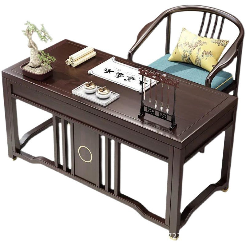 Traditional Chinese Solid Rubber Wood Brass Rectangular Vertical Beam Desk & Chair Set 3-Drawer For Home Office