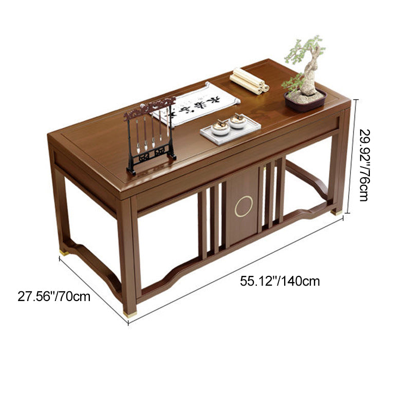 Traditional Chinese Solid Rubber Wood Brass Rectangular Vertical Beam Desk & Chair Set 3-Drawer For Home Office