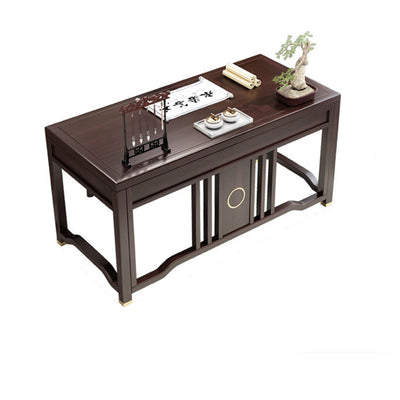 Traditional Chinese Solid Rubber Wood Brass Rectangular Vertical Beam Desk & Chair Set 3-Drawer For Home Office