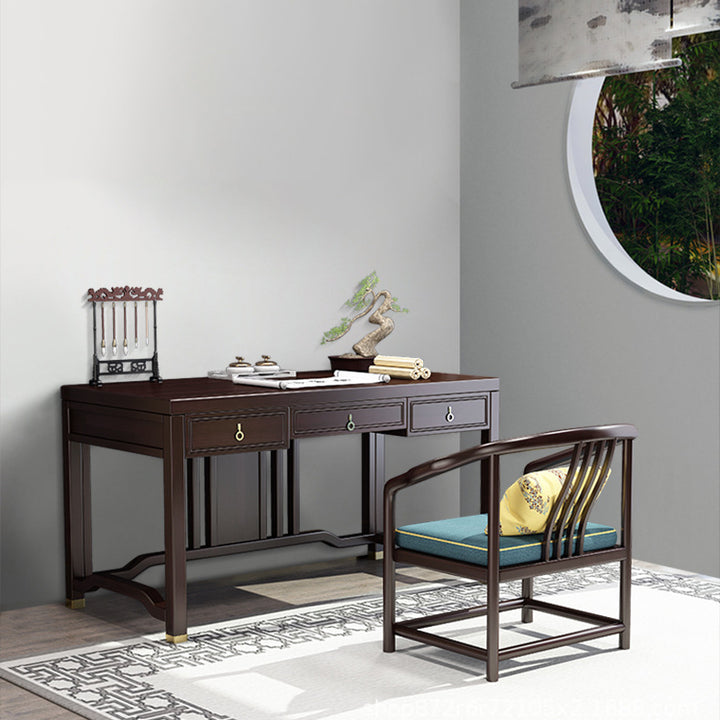 Ensemble de bureau et chaise en bois de caoutchouc massif chinois traditionnel avec poutre verticale rectangulaire en laiton à 3 tiroirs pour bureau à domicile 