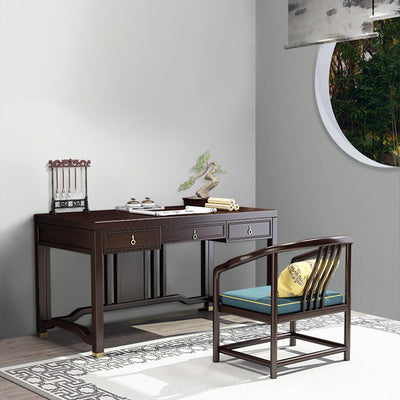 Traditional Chinese Solid Rubber Wood Brass Rectangular Vertical Beam Desk & Chair Set 3-Drawer For Home Office