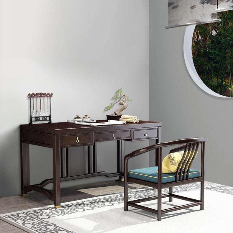 Traditional Chinese Solid Rubber Wood Brass Rectangular Vertical Beam Desk & Chair Set 3-Drawer For Home Office