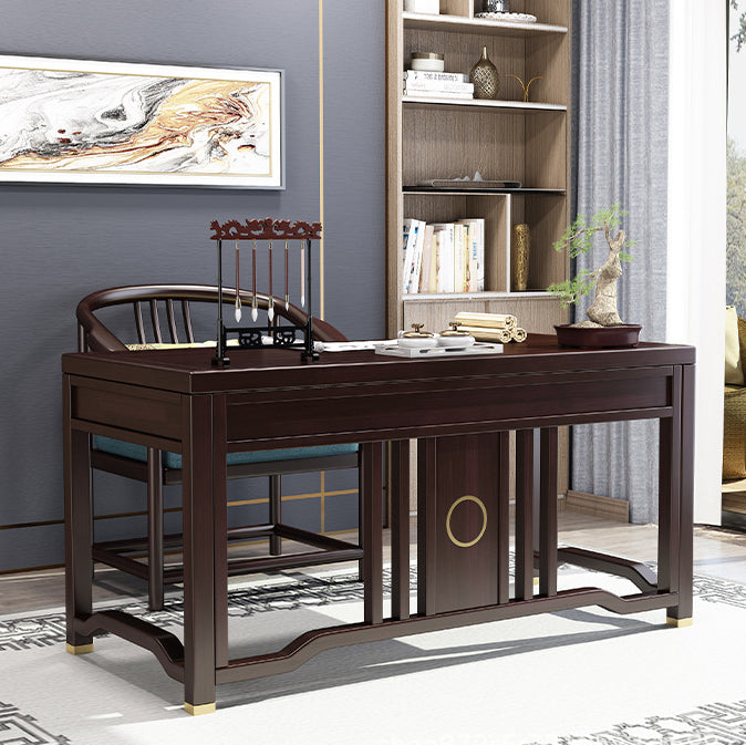 Traditional Chinese Solid Rubber Wood Brass Rectangular Vertical Beam Desk & Chair Set 3-Drawer For Home Office