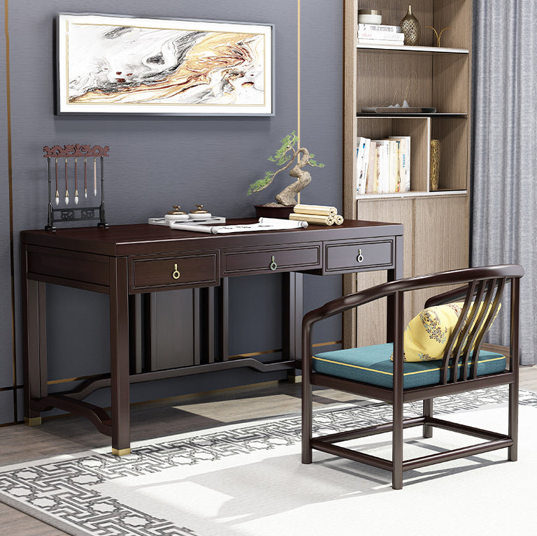 Traditional Chinese Solid Rubber Wood Brass Rectangular Vertical Beam Desk & Chair Set 3-Drawer For Home Office