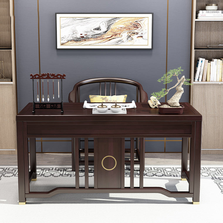 Traditional Chinese Solid Rubber Wood Brass Rectangular Vertical Beam Desk & Chair Set 3-Drawer For Home Office