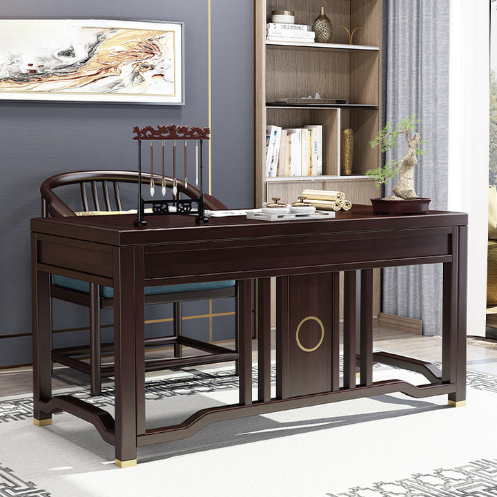 Ensemble de bureau et chaise en bois de caoutchouc massif chinois traditionnel avec poutre verticale rectangulaire en laiton à 3 tiroirs pour bureau à domicile 