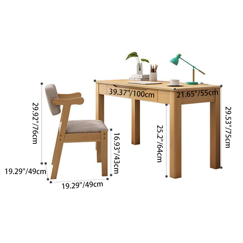 Contemporary Nordic Rubber Wood Pine Wood Rectangular Desk & Chair Set 2-Drawer For Study