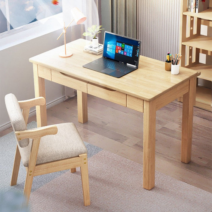 Conjunto de escritorio rectangular y silla de madera de caucho y contrachapado de estilo nórdico contemporáneo con 2 cajones para estudio 