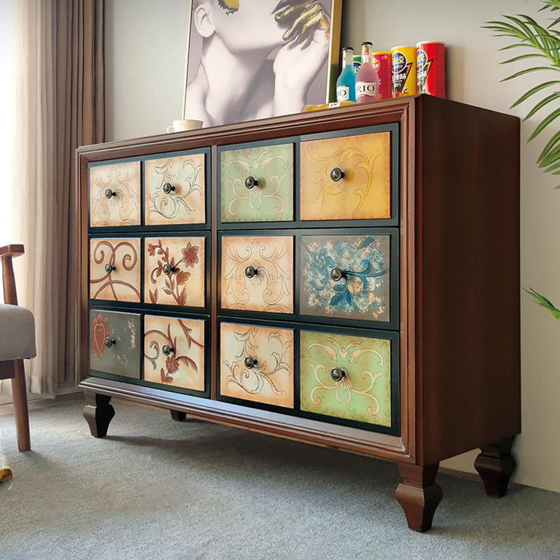 Traditional Vintage Rectangular Medium Density Fiberboard Solid Wood Side Table 6-Drawer For Living Room