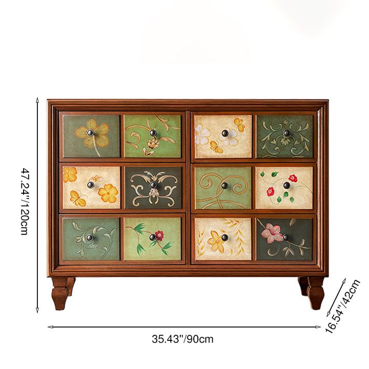 Table d'appoint rectangulaire vintage traditionnelle en panneau de fibres à densité moyenne et bois massif, à 6 tiroirs, pour salon 