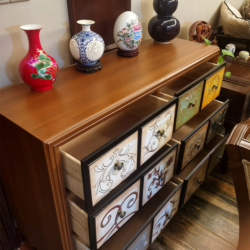 Traditional Vintage Rectangular Medium Density Fiberboard Solid Wood Side Table 6-Drawer For Living Room