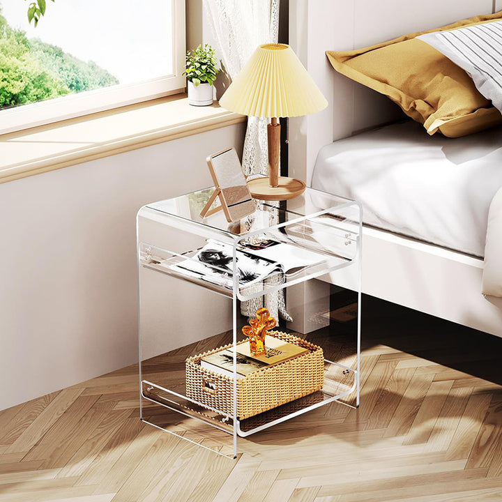 Mesita de noche acrílica rectangular minimalista moderna de 3 niveles para dormitorio 