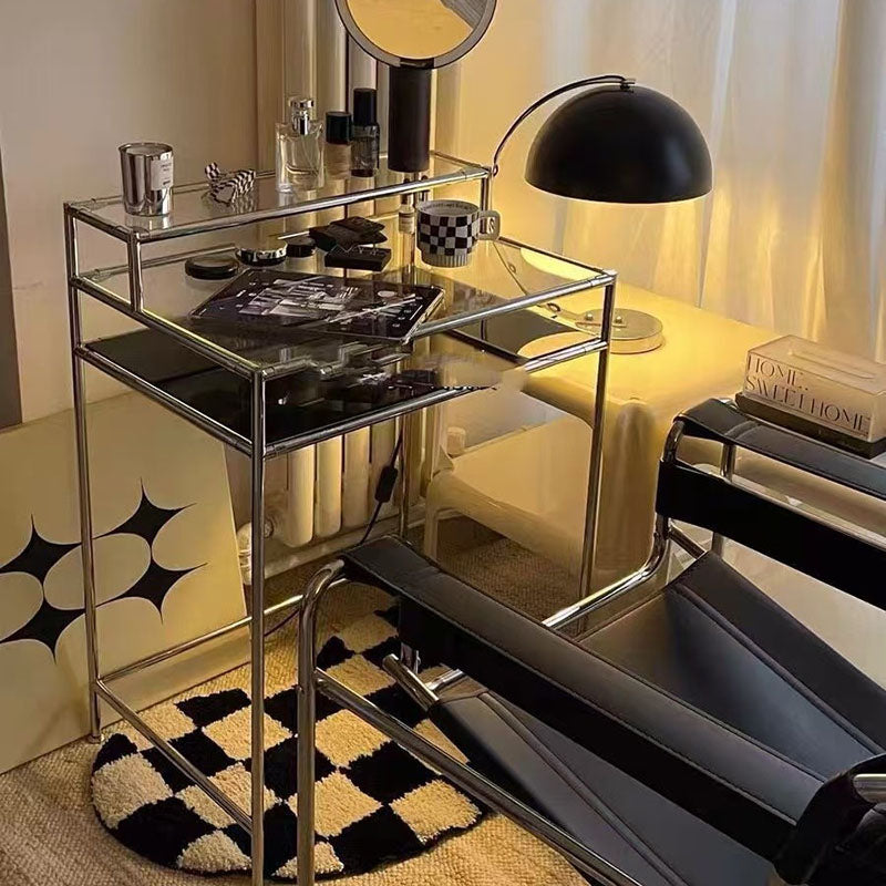 Contemporary Industrial Rectangular Stainless Steel Glass Makeup Vanity 3-Tier For Bedroom