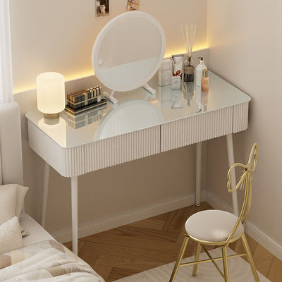 Modern Minimalist Rectangular Round Tempered Glass PP Carbon Steel Makeup Vanity 2-Drawer For Bedroom