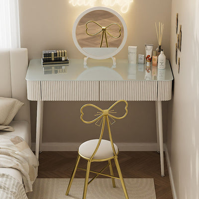 Modern Minimalist Rectangular Round Tempered Glass PP Carbon Steel Makeup Vanity 2-Drawer For Bedroom