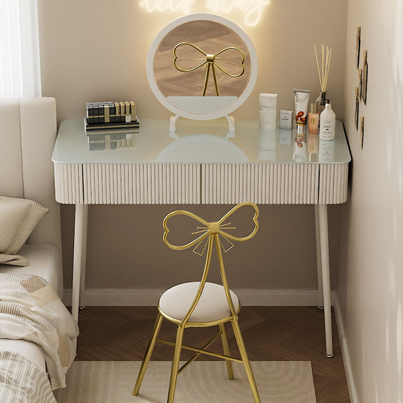 Modern Minimalist Rectangular Round Tempered Glass PP Carbon Steel Makeup Vanity 2-Drawer For Bedroom