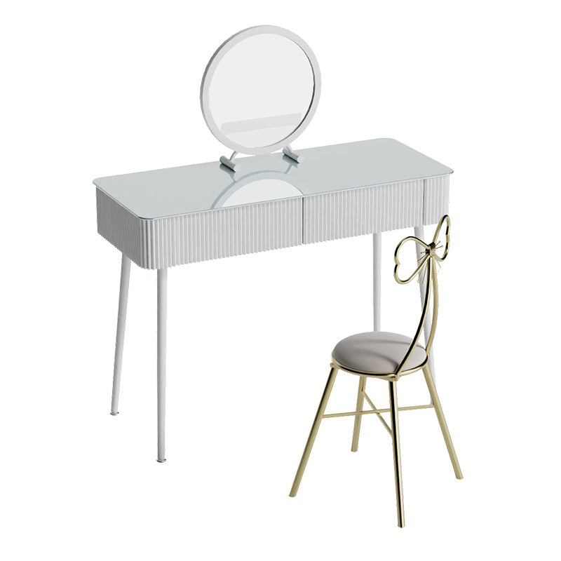 Moderner minimalistischer rechteckiger runder Schminktisch aus gehärtetem Glas, PP und Kohlenstoffstahl mit 2 Schubladen für das Schlafzimmer 