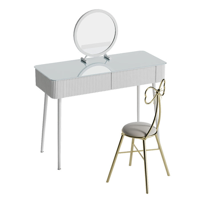 Moderner minimalistischer rechteckiger runder Schminktisch aus gehärtetem Glas, PP und Kohlenstoffstahl mit 2 Schubladen für das Schlafzimmer 
