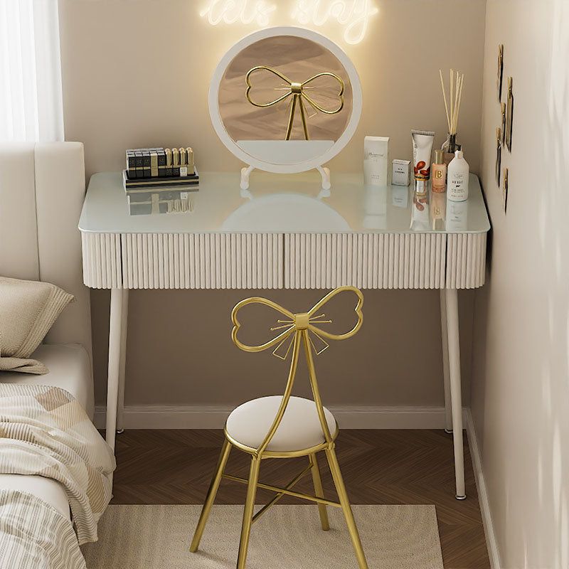 Modern Minimalist Rectangular Round Tempered Glass PP Carbon Steel Makeup Vanity 2-Drawer For Bedroom