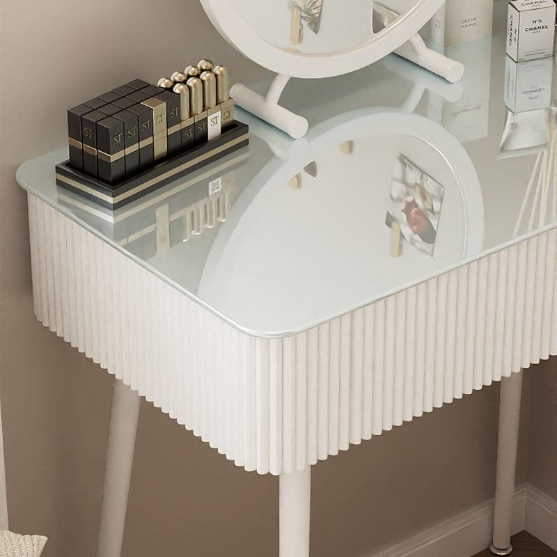 Modern Minimalist Rectangular Round Tempered Glass PP Carbon Steel Makeup Vanity 2-Drawer For Bedroom