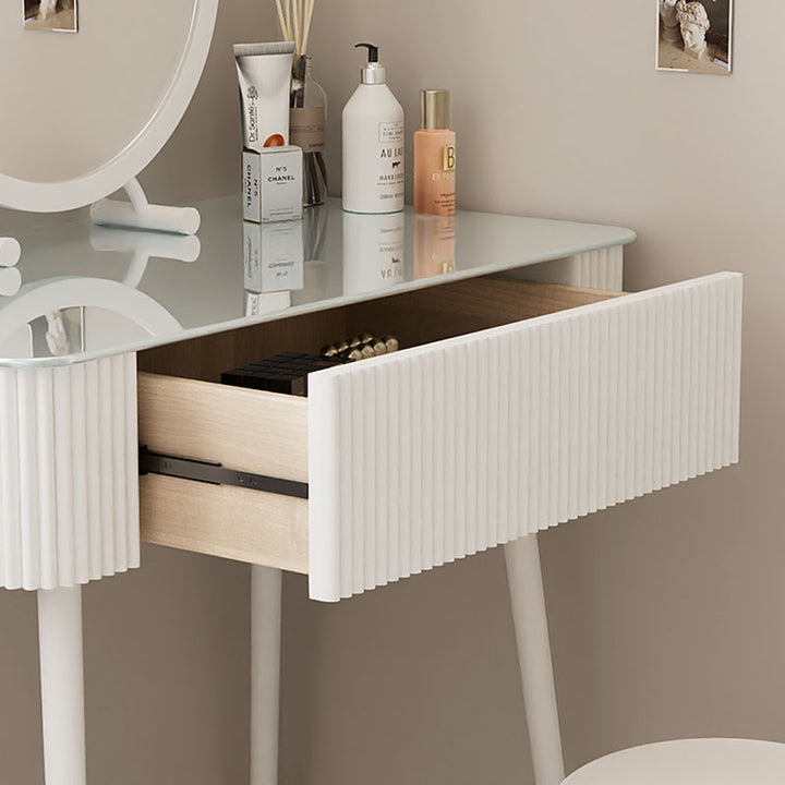 Moderner minimalistischer rechteckiger runder Schminktisch aus gehärtetem Glas, PP und Kohlenstoffstahl mit 2 Schubladen für das Schlafzimmer 